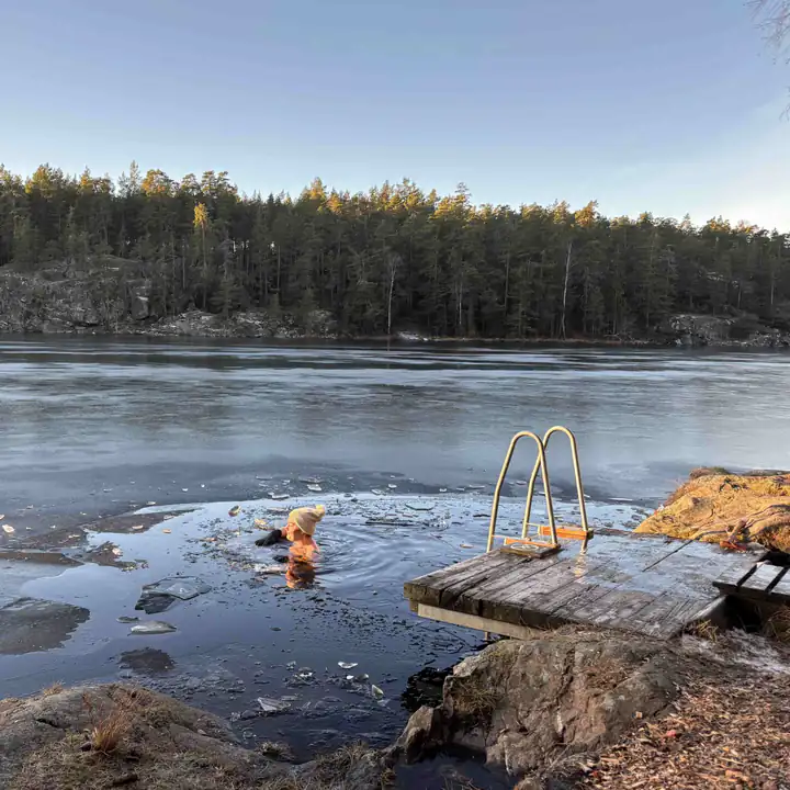Äventyrsbanans bastu vid Sandasjön: Vinterdopp i sjön